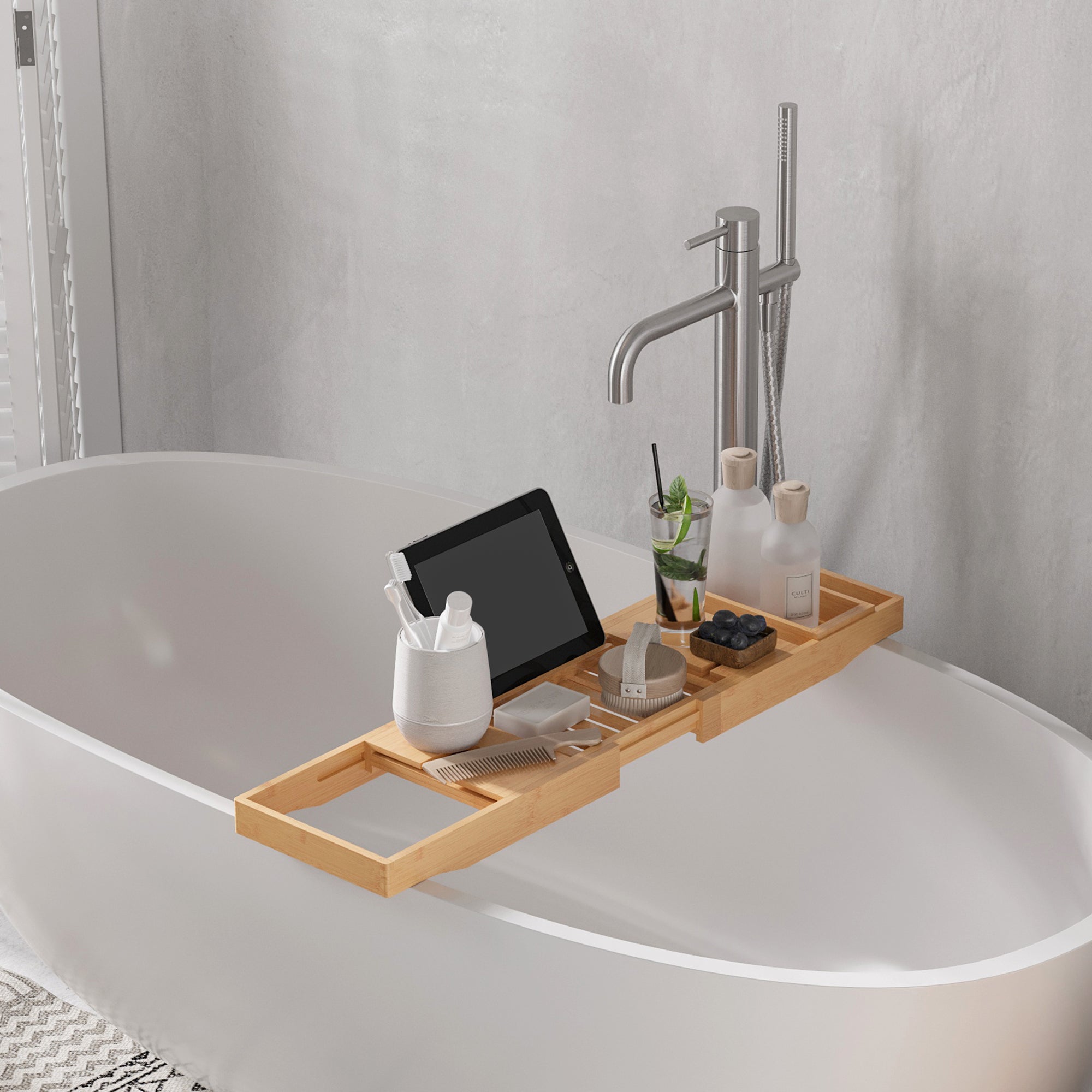 HOMCOM Extendable Bamboo Bathtub Shelf Rack Bath Caddy Tray Bathroom Storage 