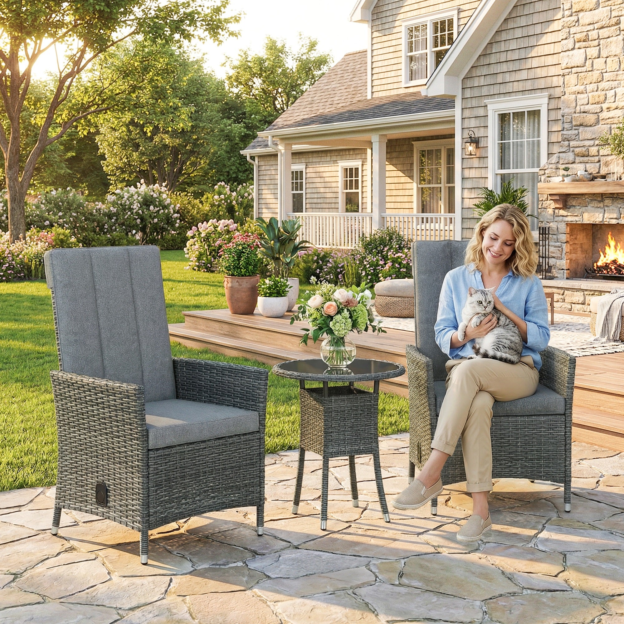 Outsunny Rattan Bistro Set, Reclining Garden Chairs and Glass Coffee Table with Cushions for Patio Balcony Porch, Grey 