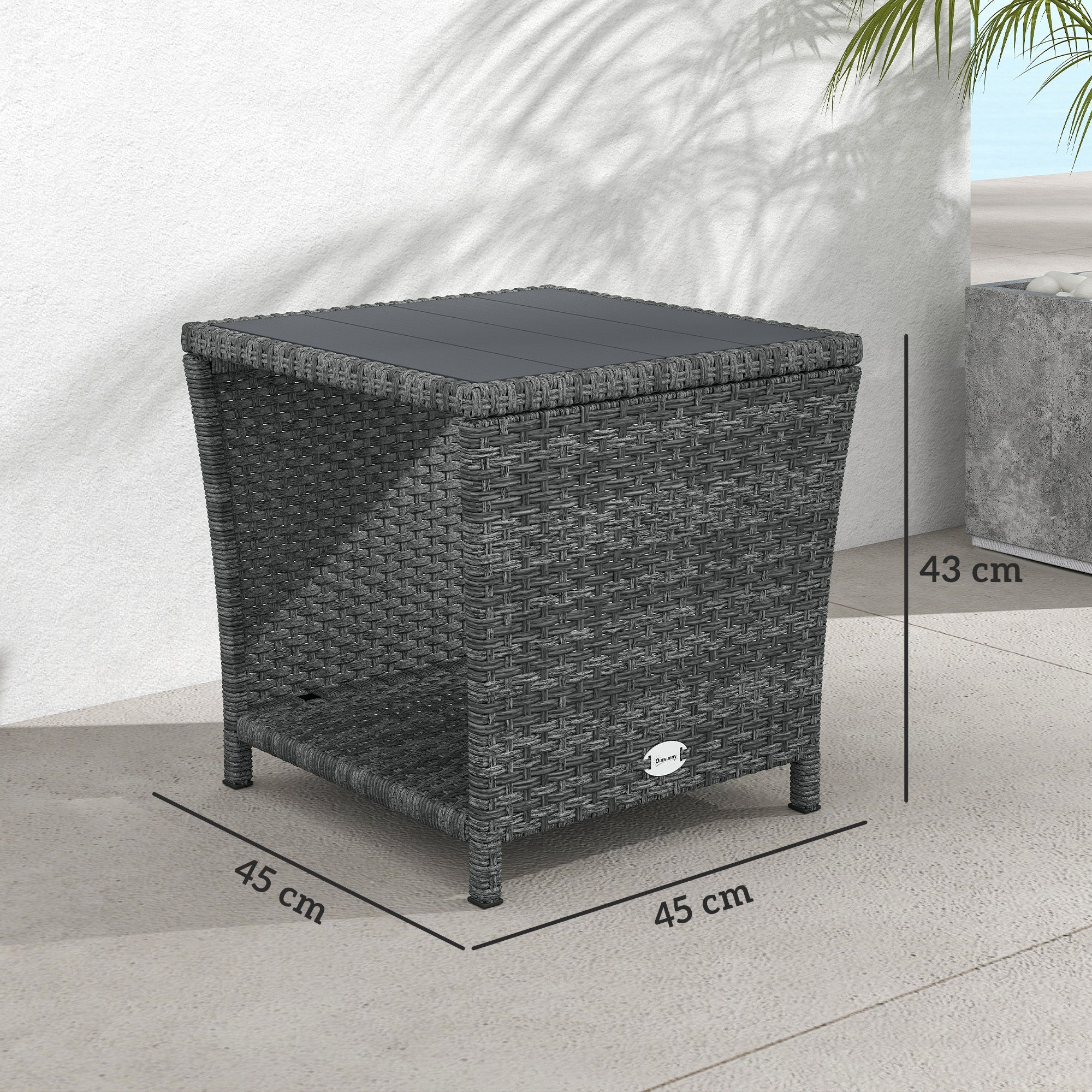 Outsunny Side Table 2-Tier Outdoor Coffee Table with Storage Shelf PS Wood Slat Top/Grey 