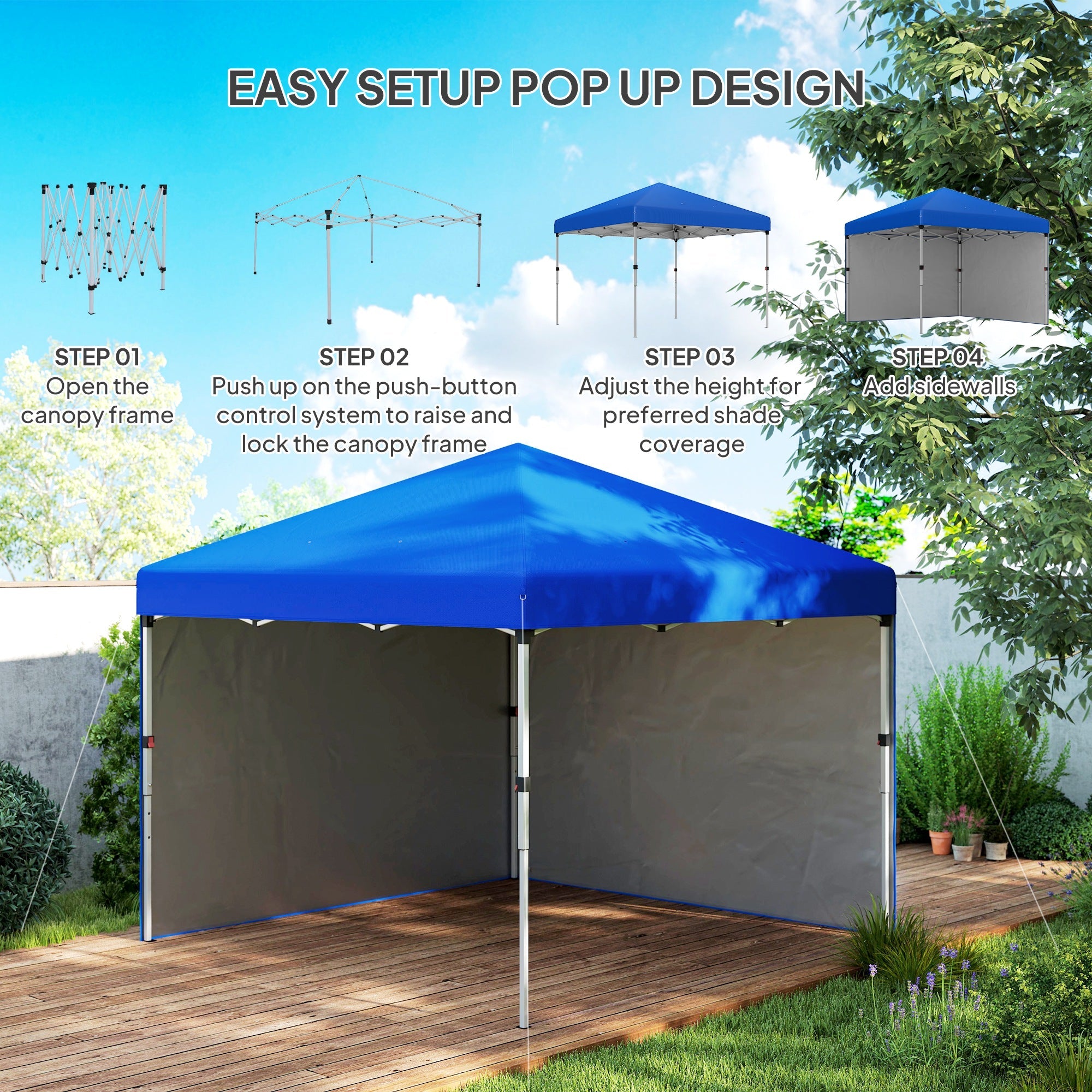 Outsunny 3 x 3 (M) Pop Up Gazebo, UPF 30+ with 2 Sidewalls, Leg Weight Bags and Wheeled Bag, Height Adjustable Party Tent Event Shelter for Garden, Patio, Blue 