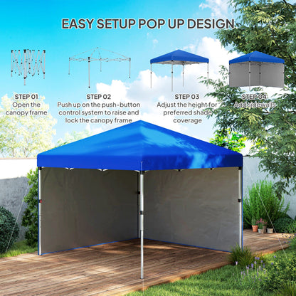 Outsunny 3 x 3 (M) Pop Up Gazebo, UPF 30+ with 2 Sidewalls, Leg Weight Bags and Wheeled Bag, Height Adjustable Party Tent Event Shelter for Garden, Patio, Blue 