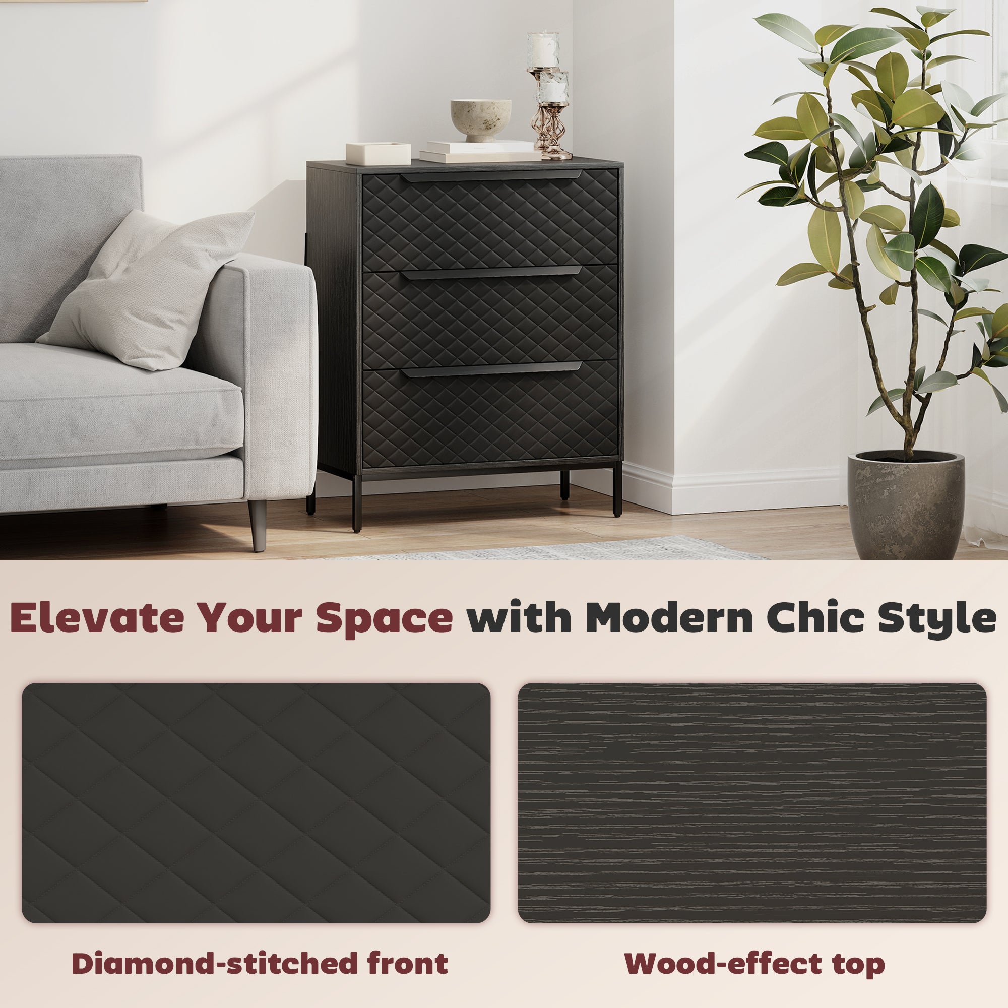 HOMCOM Chest of Drawers, Dresser with 3 Fabric Drawers and Aluminium Handles - Black 