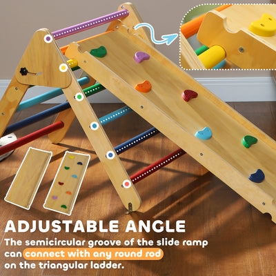 AIYAPLAY Toddler Climbing Frame for Kids, with Ramp, 3-in-1 Wooden Pikler Triangle Set for 18-48 Months, Multicolour 