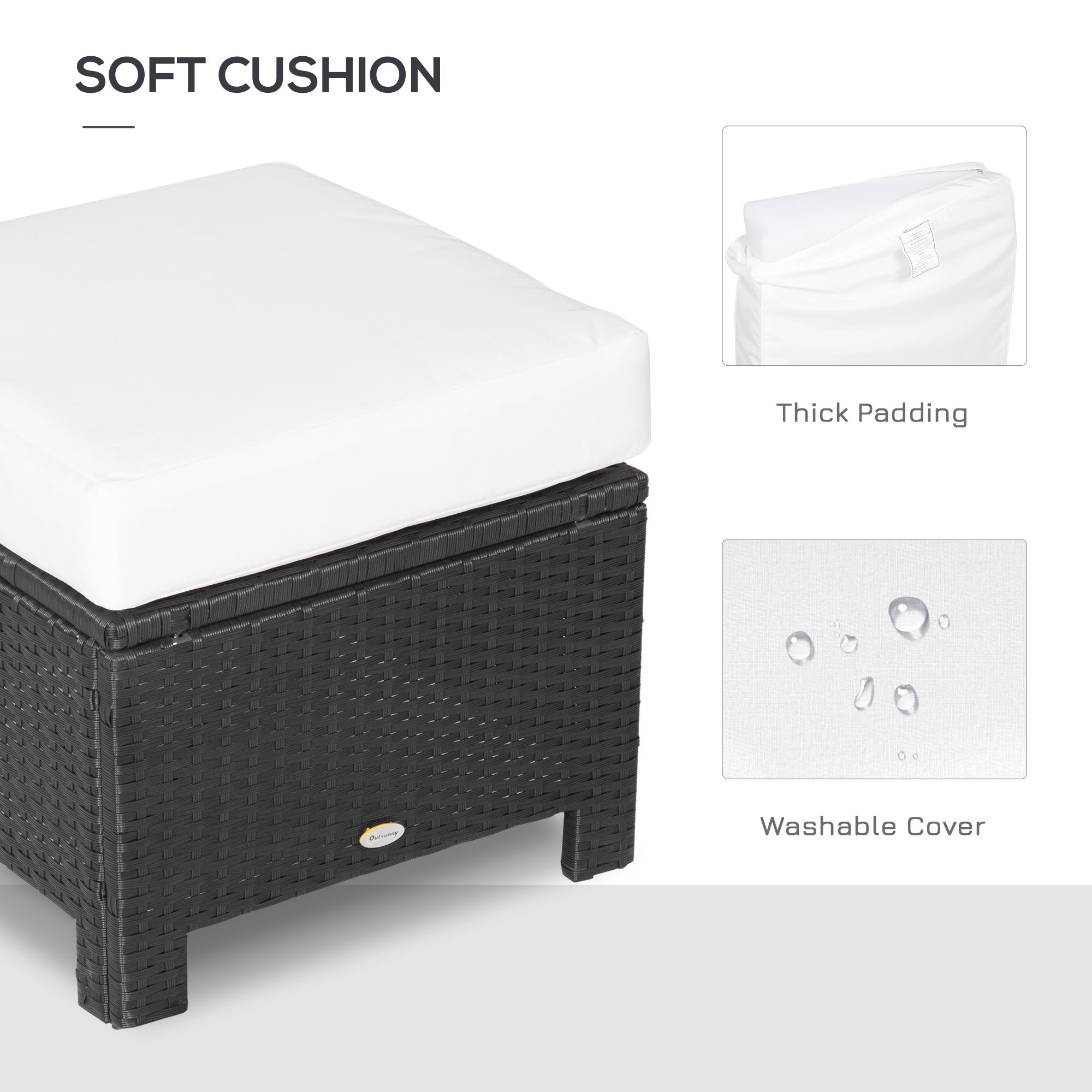 Outsunny Rattan Footstool Wicker Ottoman with Padded Seat Cushion Outdoor Patio Furniture for Garden Poolside Living Room, 50 x 50 x 35 cm, Black 