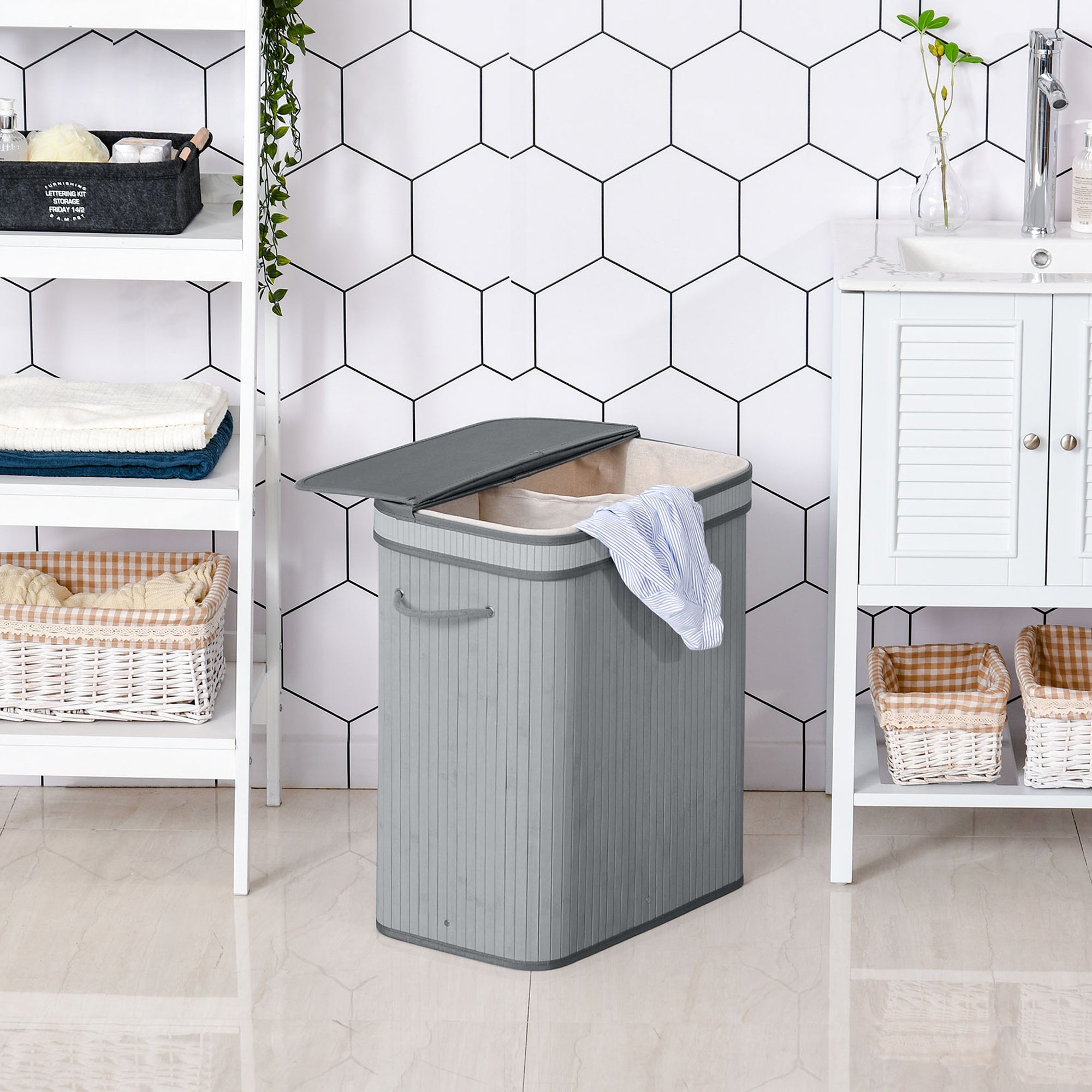 HOMCOM 100L Natural Wood Laundry Basket A Compartment w/Flip Lid Removable Lining Handles Board Base Foldable Durable Water-Resistant Dirty Clothes Storage Home Organisation Grey 