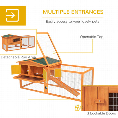 PawHut Rabbit Hutch with Run Wooden Guinea Pig Hutch Outdoor Bunny Cage Hide House with Sliding Tray, Hay Rack, Ramp, 156 x 58 x 68cm, Orange 