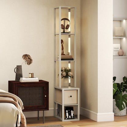 HOMCOM Floor Lamp with Shelves, LED Column Modern Standing Lamp with Fabric Drawer, Adjustable Brightness, Foot Switch for Living Room, Bedroom, Office, Oak