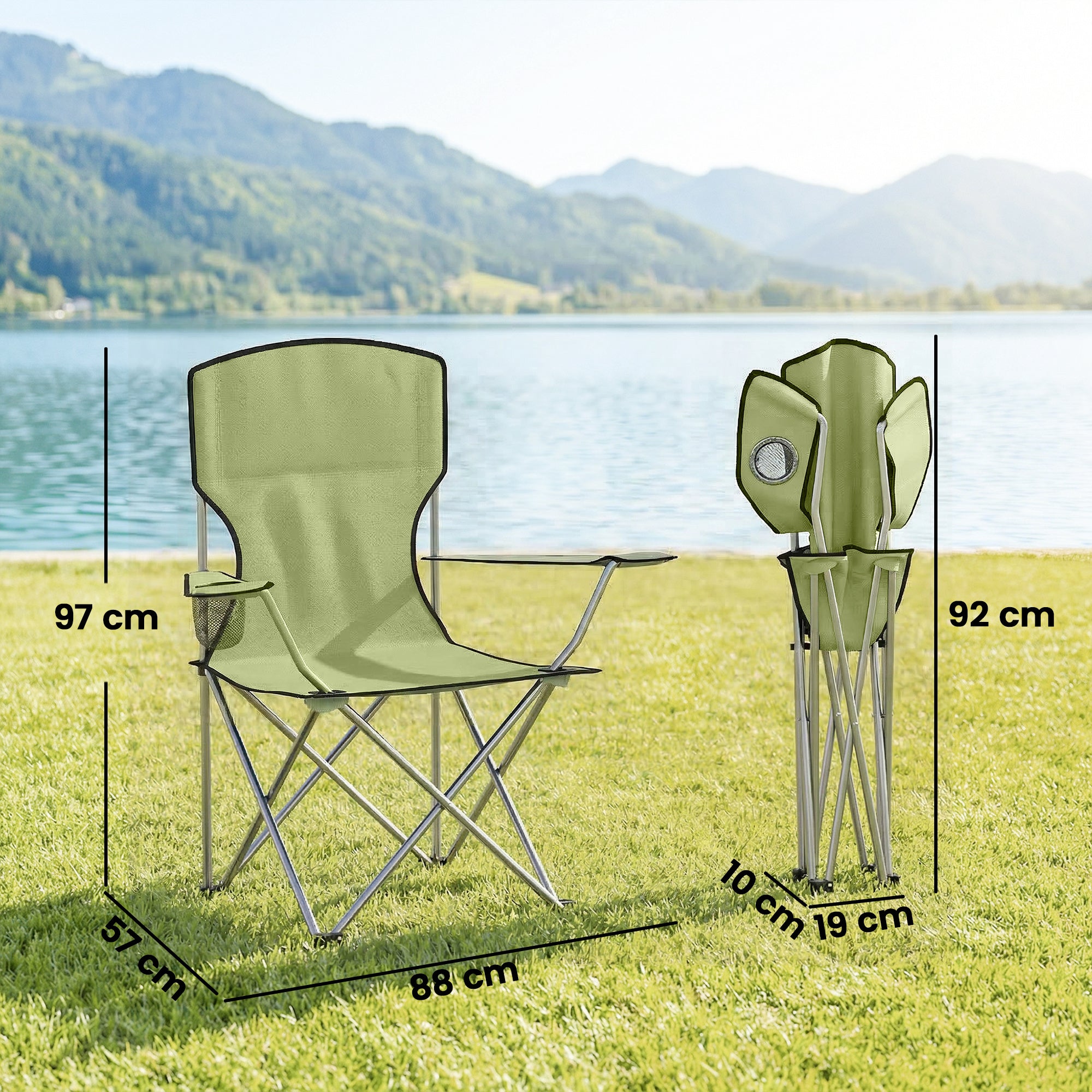 Outsunny Camping Chair Set of 2 Portable Folding Outdoor Camp Chair with Cup Holders and Carry Bag Green 