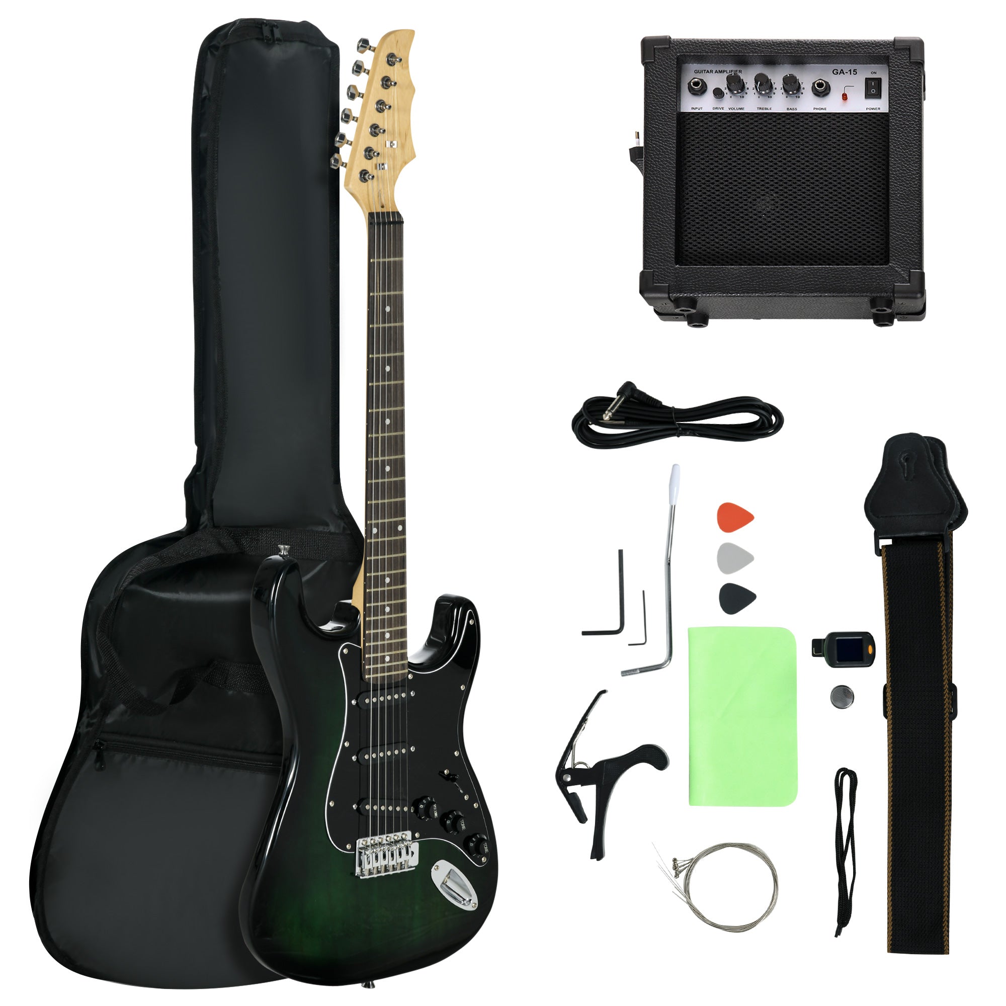 SPORTNOW Six-String Electric Guitar, with 15W Amplifier, Digital Turner, Picks, Shoulder Strap, Case Bag - Dark Green 