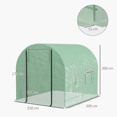 Outsunny Walk-In Garden Polytunnel Greenhouse with Steel Frame, PE Cover, Roll-Up Door and 4 Windows, 2.5 x 2m, Green 