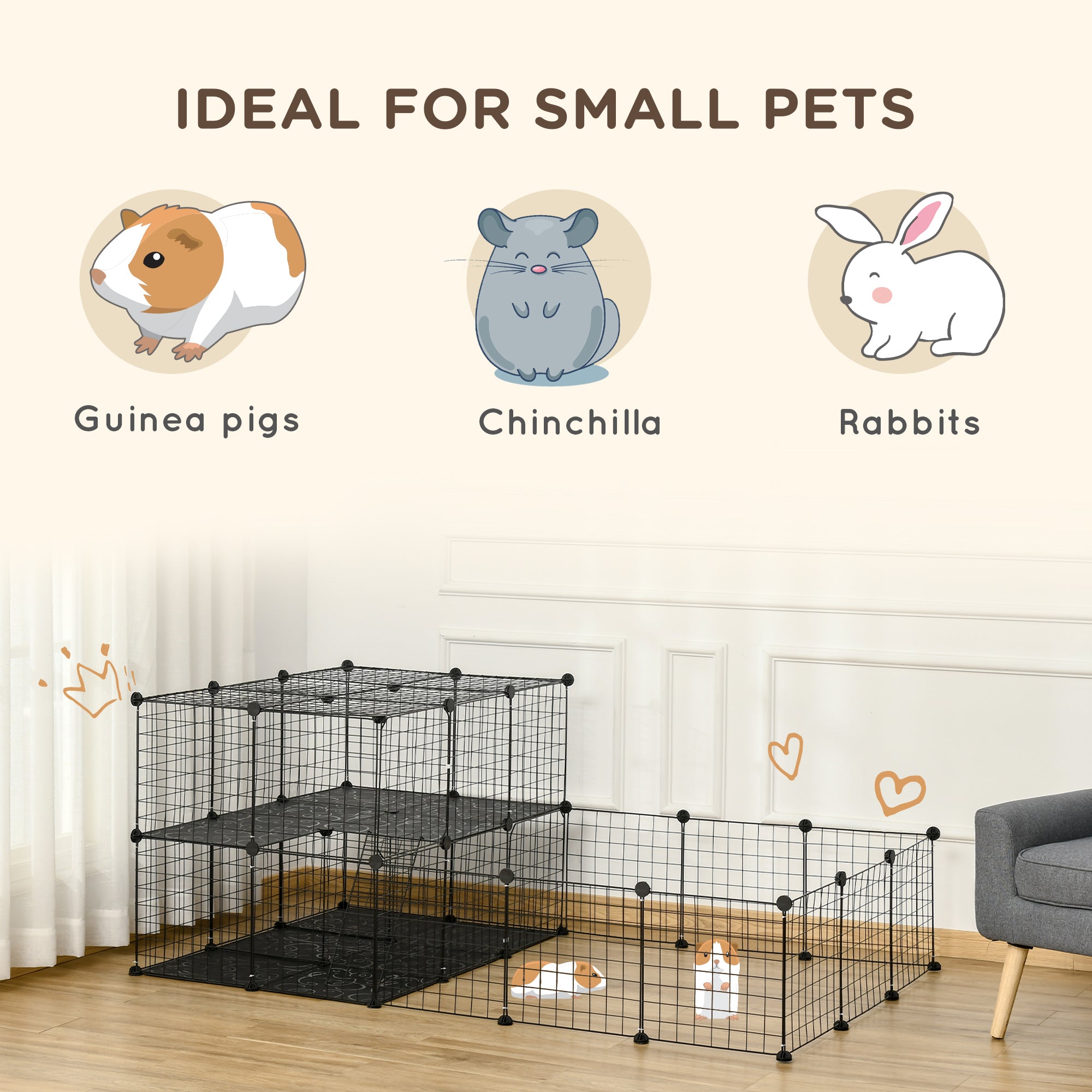 PawHut Pet Playpen with Door, Guinea Pigs Metal Mesh Cage for Small Animal, Chinchilla, 175 x 105 x 70 CM, Black 