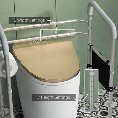 HOMCOM Free Standing Toilet Frame, Height and Width Adjustable Toilet Safety Frame with Arms, 2 Additional Suction Cups, Storage for Elderly, Disabled, Handrail Grab Bar, 136kg Weight Capacity 