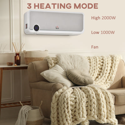 HOMCOM Wall Downflow Heater 2 Heat and Fan 1000W/2000W, Electric Space Heater with Timer Remote Oscillating, for Bedroom Home Office, White and Silver 