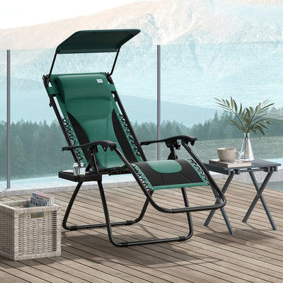 Outsunny Zero Gravity Lounger Chair, Folding Reclining Patio Chair with Shade Cover, Padded Seat, Cup Holder, Soft Cushion and Headrest for Poolside, Camping, Green 