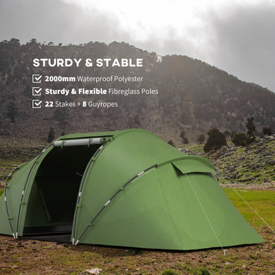 Outsunny 4-6 Man Camping Tent w/ Two Bedroom, Hiking Sun Shelter, UV Protection Tunnel Tent, Dark Green 