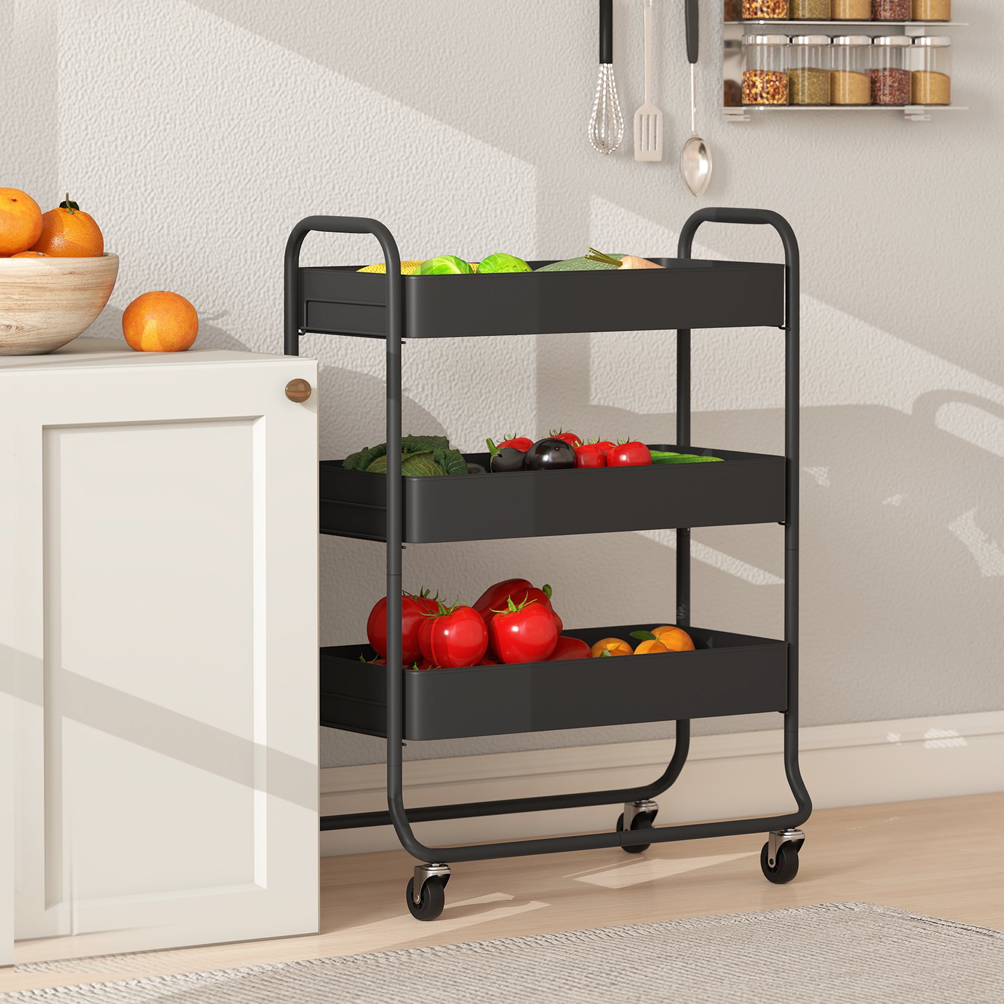 HOMCOM 3-Tier Storage Trolley on Wheels, Rolling Utility Cart with Mesh Backets for Kitchen, Bathroom, Bedroom, Black 