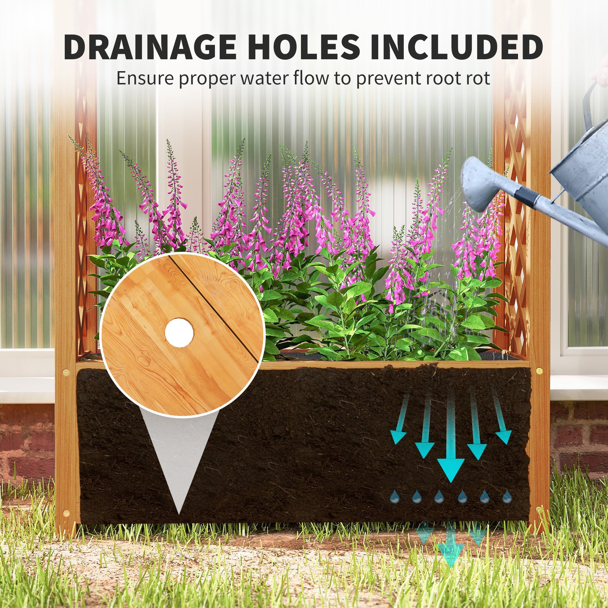Outsunny Wooden Raised Garden Bed with Trellis, Liner, Drainage Holes, for Vine Climbing Plants, Flowers, 83 x 36 x 145 cm 