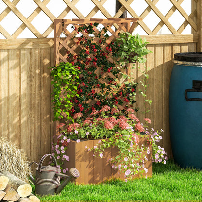 Outsunny Wooden Planter with Trellis, Freestanding Raised Garden Bed with Drainage Holes, Outdoor Planter Box with Liner for Vegetables, Herbs and Flowers, Natural 