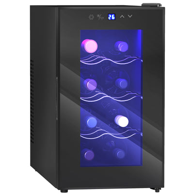 HOMCOM Mini Wine Fridge, 8 Bottle, 21L, 26.5cm, Freestanding and Under Counter, Quiet Wine Cooler Fridge with Glass Door, LED Light, Digital Touch Screen, Temperature Control 