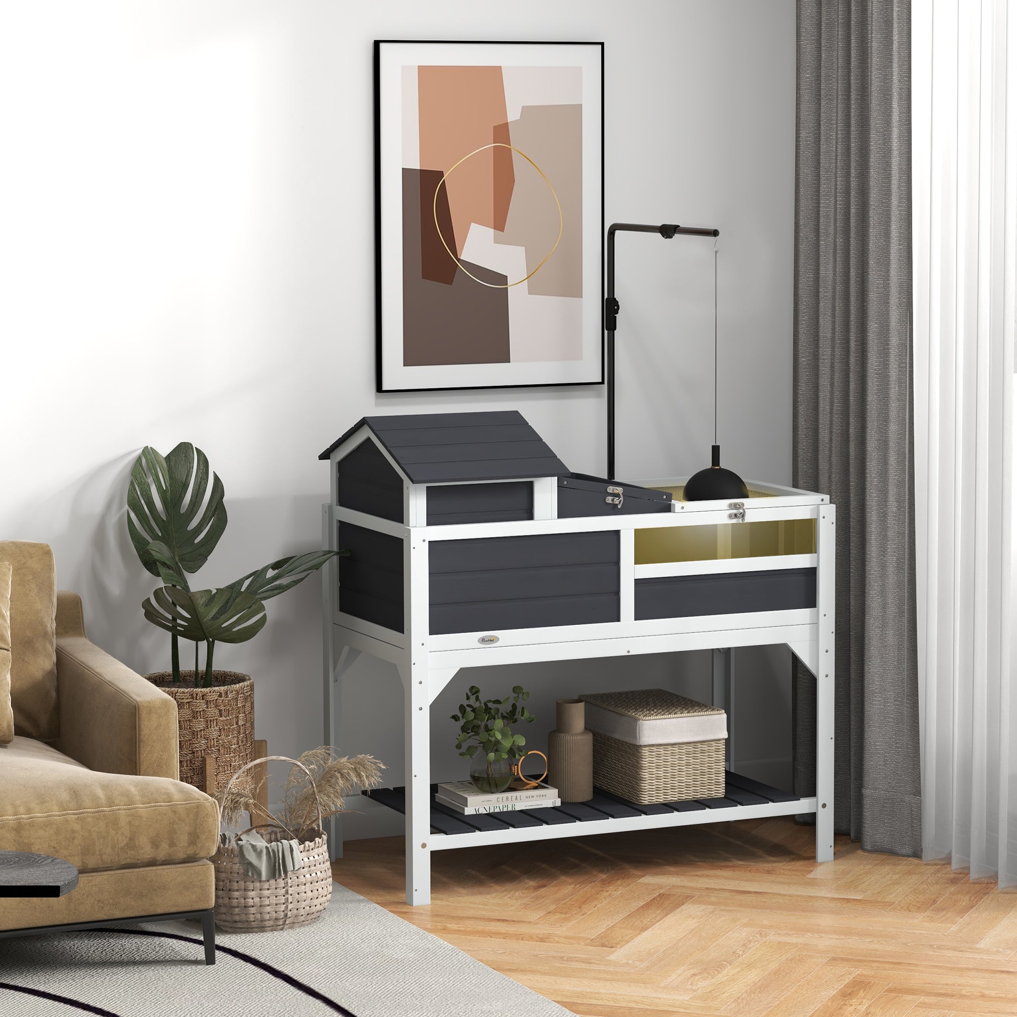 PawHut Wooden Tortoise Enclosure, Tortoise Tank w/ Adjustable Lamp Holder, Openable Lid, Removable Main House - Grey 