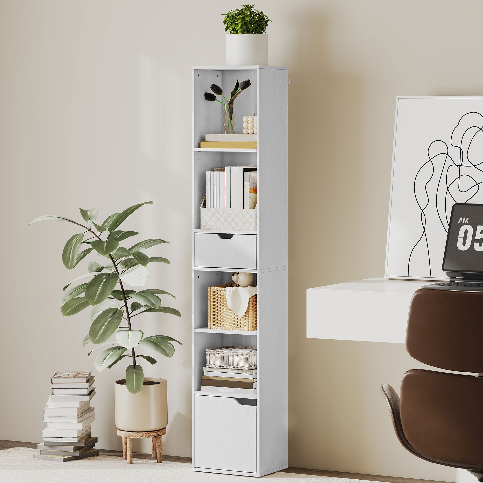 HOMCOM 6-Tier Bookcase, Tall Narrow Bookshelf with Drawer and Door - White 