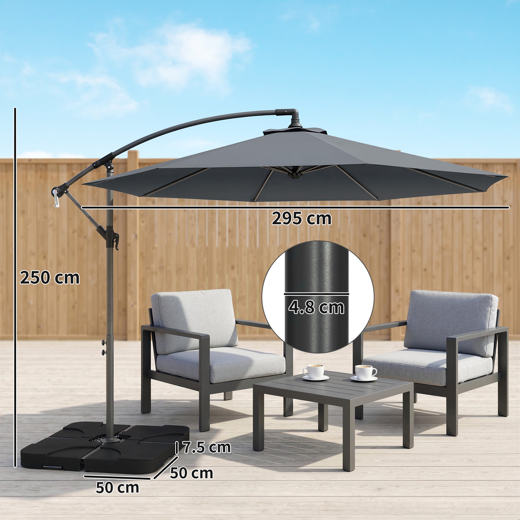 Outsunny 3m Overhanging Parasol, with Base, Weights and Cover - Dark Grey 