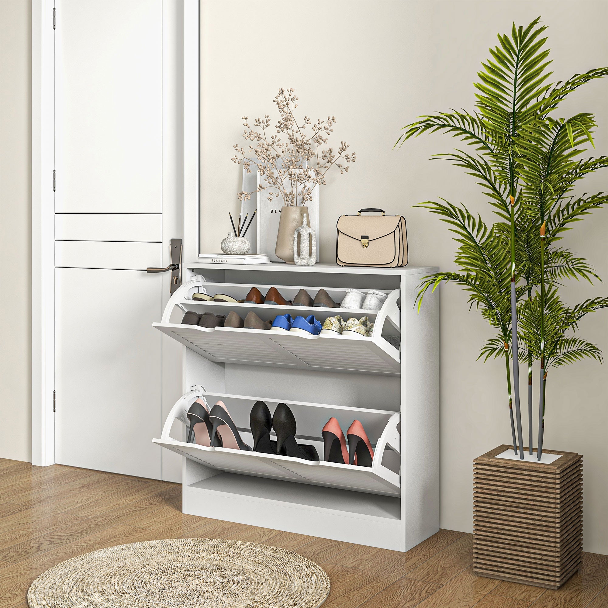HOMCOM 2 Drawers Entryway Shoe Cabinet, Narrow Shoe Storage Cabinet with 2 Flip Drawers, Louvred Door Design and Adjustable Shelves for 16 Pairs of Shoes, White 