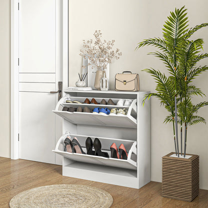 HOMCOM 2 Drawers Entryway Shoe Cabinet, Narrow Shoe Storage Cabinet with 2 Flip Drawers, Louvred Door Design and Adjustable Shelves for 16 Pairs of Shoes, White 