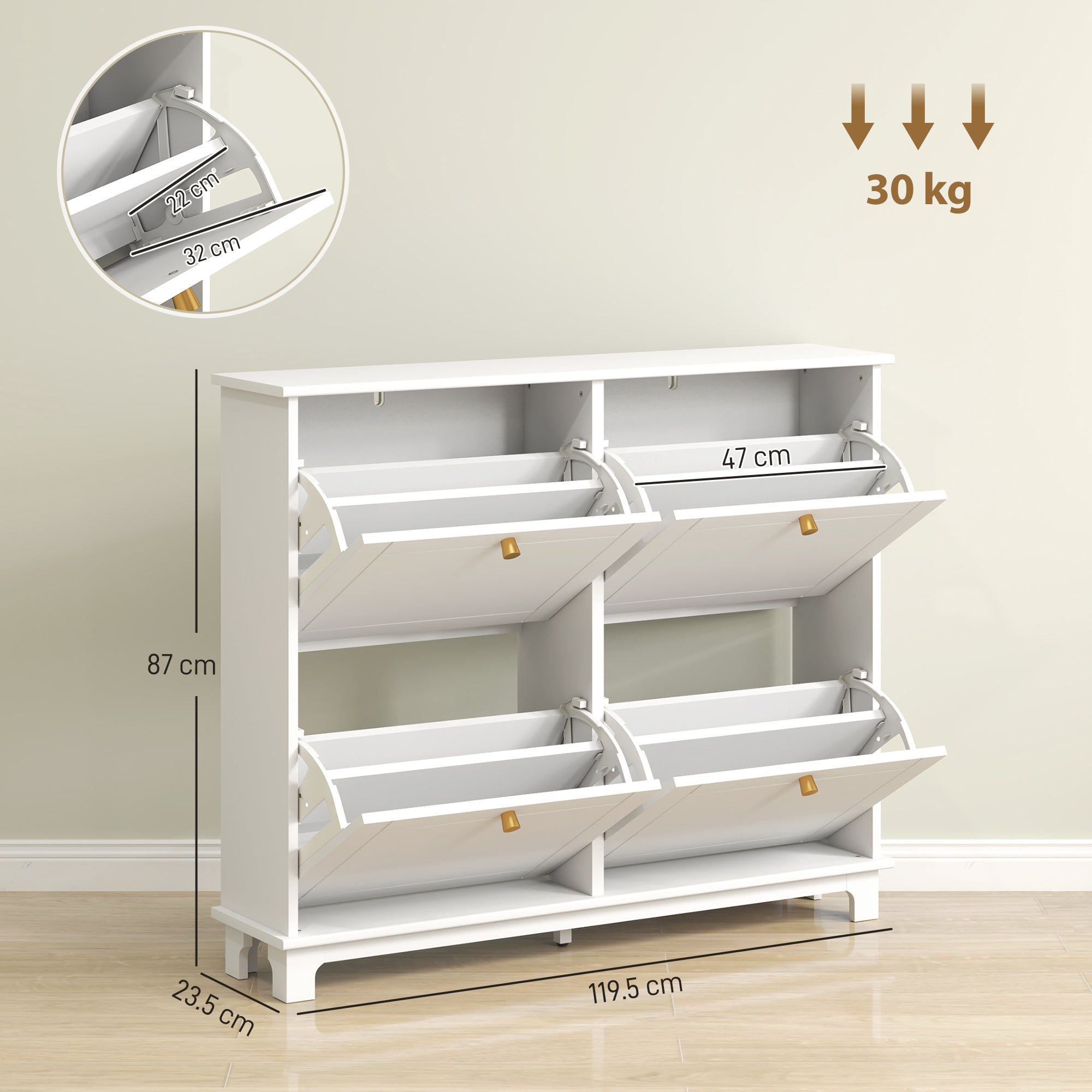 HOMCOM Narrow Shoe Storage Cabinet, Slim Shoe Cabinet with 4 Flip Drawers, Adjustable Shelves for 16 Pairs of Shoes, White