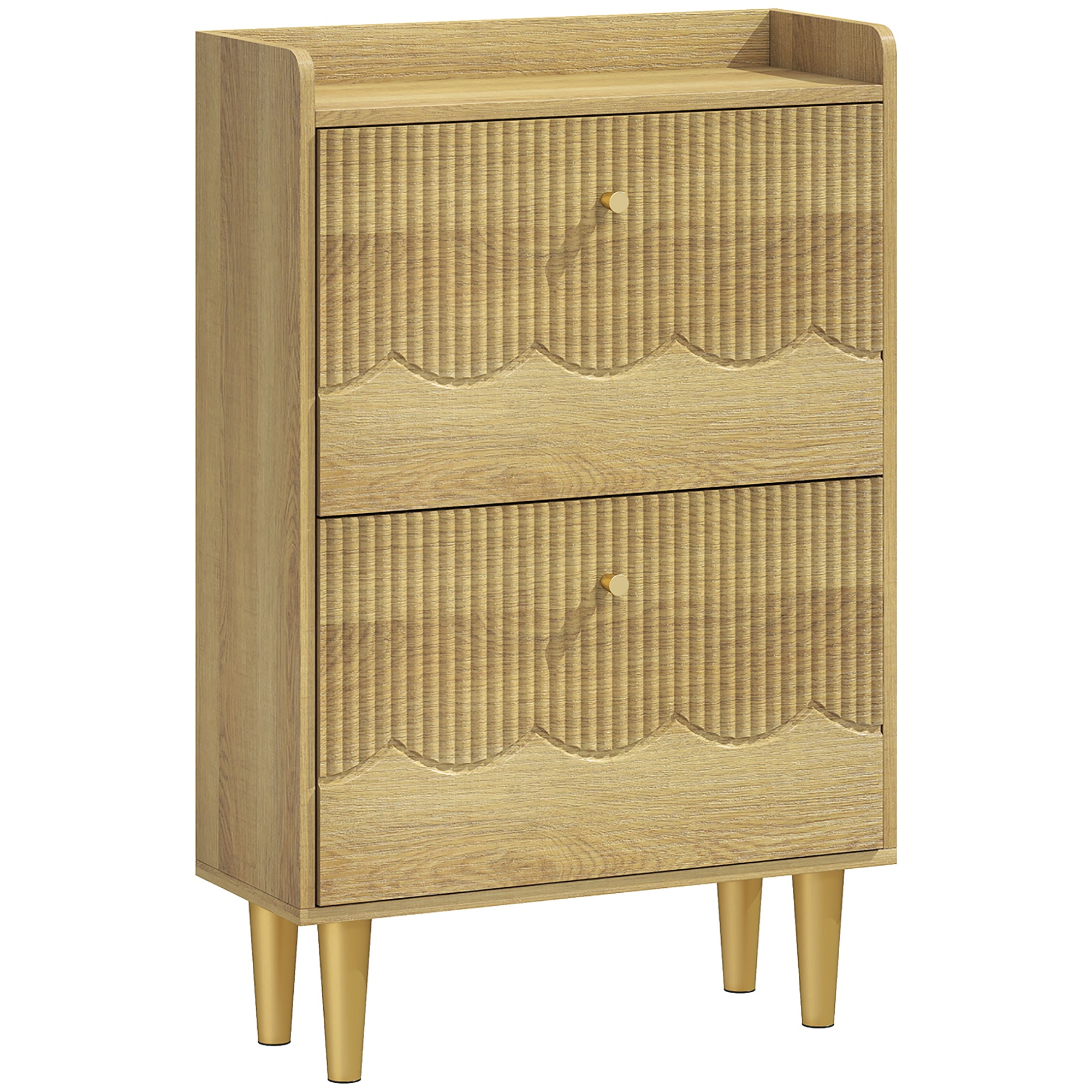 HOMCOM Narrow Shoe Cabinet, Modern Shoe Storage Cabinet with 2 Flip Drawers, Oak 