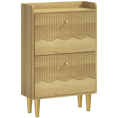 HOMCOM Narrow Shoe Cabinet, Modern Shoe Storage Cabinet with 2 Flip Drawers, Oak 