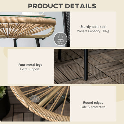 Outsunny Rattan Side Table, Round Outdoor Coffee Table, with Round PE Rattan and Tempered Glass Table Top for Patio, Garden, Balcony, Beige 