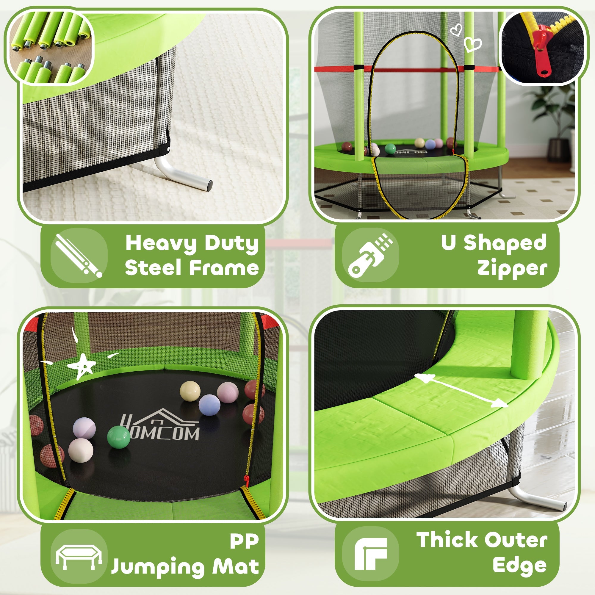 HOMCOM Kids Trampoline, with Enclosure Net, Steel Frame, for Ages 3-6 Years - Green 
