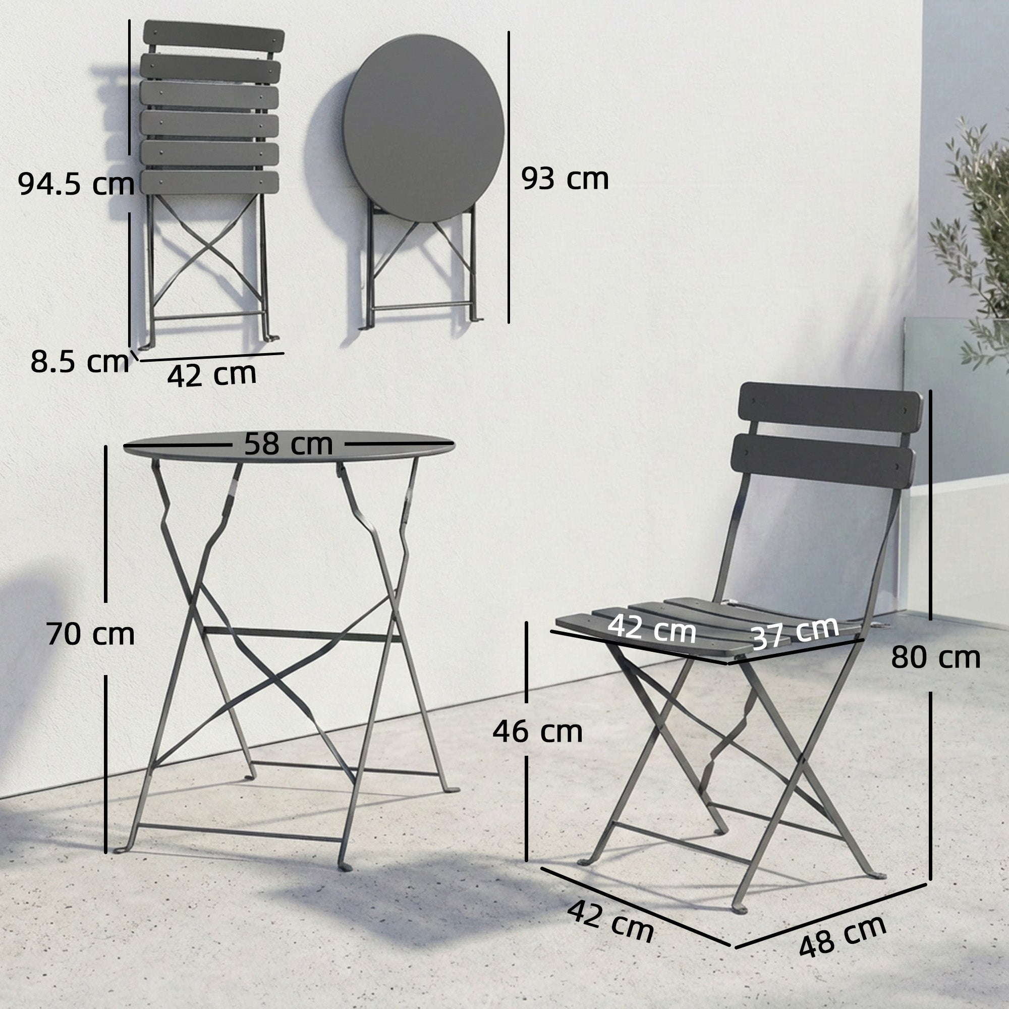 Outsunny Folding Garden Bistro Set, Outdoor Round Bistro Table and Chairs Set 2 with Electrophoresis Metal Frame, Grey 