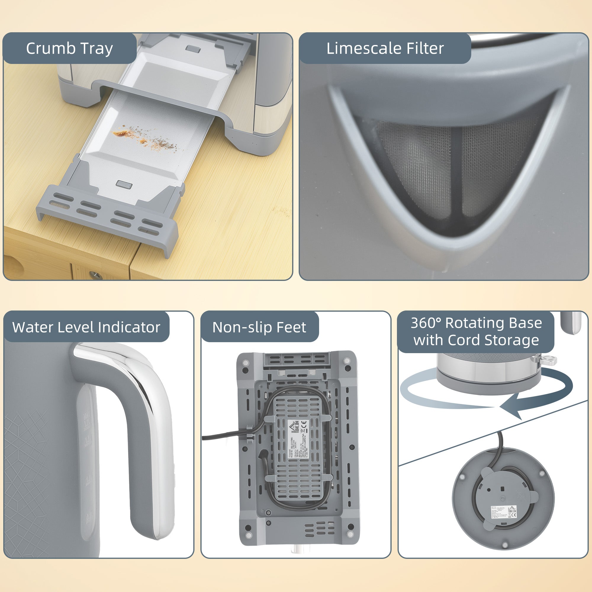 HOMCOM Sleek Textured Kettle and Toaster Set - Grey 