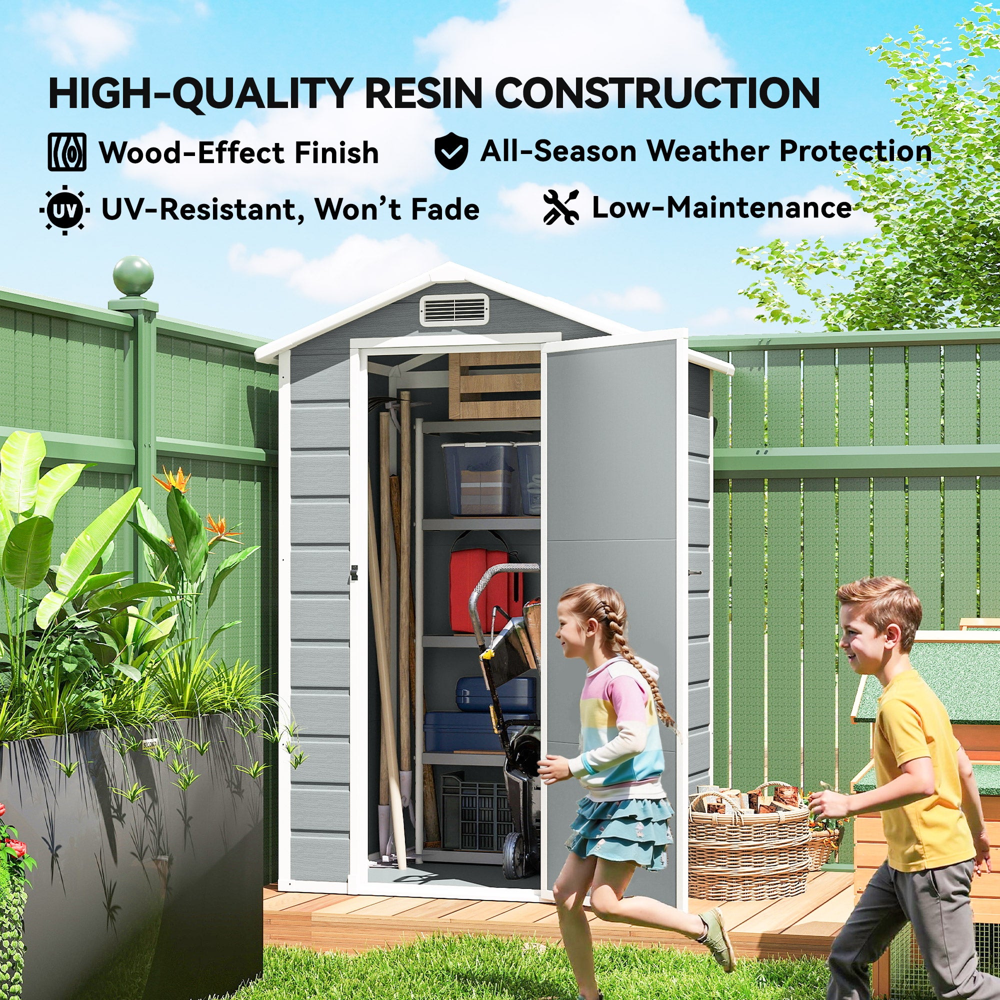 Outsunny 4 x 3 ft Plastic Garden Shed with Floor, Outdoor Storage Shed with Lockable Door, Window and Vent, Light Grey 