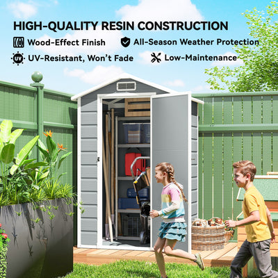Outsunny 4 x 3 ft Plastic Garden Shed with Floor, Outdoor Storage Shed with Lockable Door, Window and Vent, Light Grey 