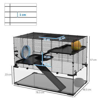 PawHut 3 Tiers Hamster Cage, Gerbil Cage with Deep Glass Bottom, Non-Slip Ramps, Platforms, Hut, Exercise Wheels, Water Bottle, Dish, for Syrian Hamster, Dwarf Hamster, 78.5 x 48.5 x 57cm 