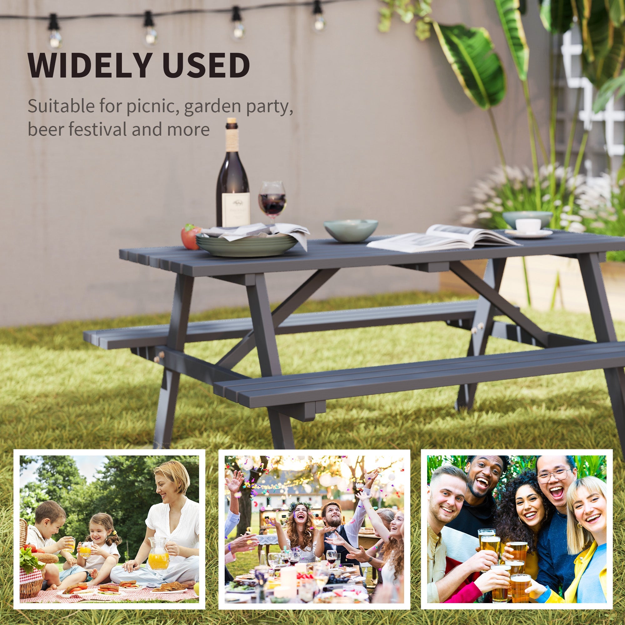Outsunny 4 Seater Wooden Picnic Table Bench for Outdoor Garden or Patio with Parasol Cutout 150 cm Grey 