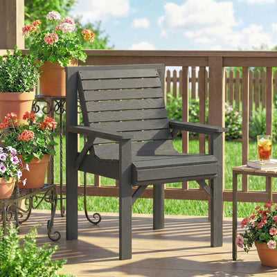Outsunny Wooden Garden Dining Chair, Outdoor Chair Garden Armchair with Curved Seat and Wide Armrests, Grey Embossed Finish 