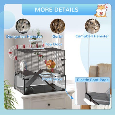 PawHut Gerbil Cage Dwarf Hamster Cage, with Deep Glass Bottom, Tunnels, Hut, Exercise Wheel, 60 x 40 x 57cm 