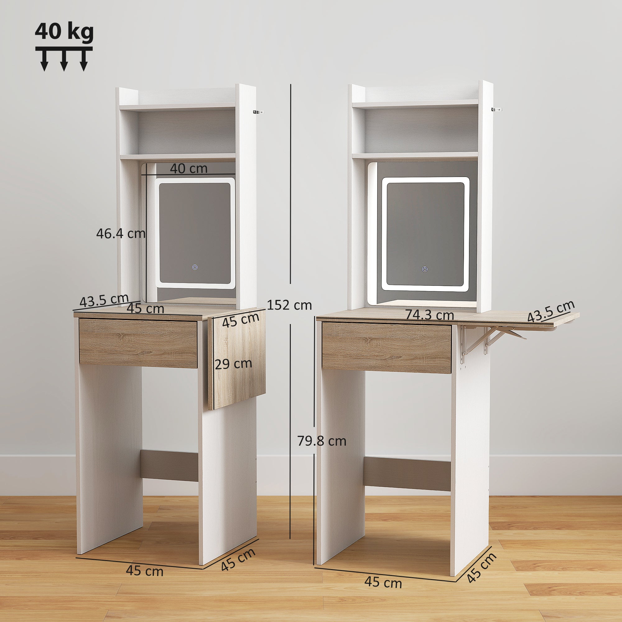 HOMCOM Small Vanity Desk with Mirror and LED Lights, Compact Dressing Table with Drop Leaf, Open Shelves and Drawer, White 
