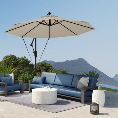 Outsunny 3(m) Garden Cantilever Parasol with Cover and Wind Protection Strap, Round Overhanging Umbrella with Crank Handle and Tilt, Banana Patio Umbrella for Outdoor Sun Shade, UPF50+, Khaki 
