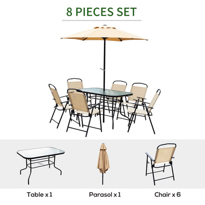 Outsunny 8 Pieces Dining Set Furniture Garden Foldable 6 Chairs 1 Table with Parasol Beige