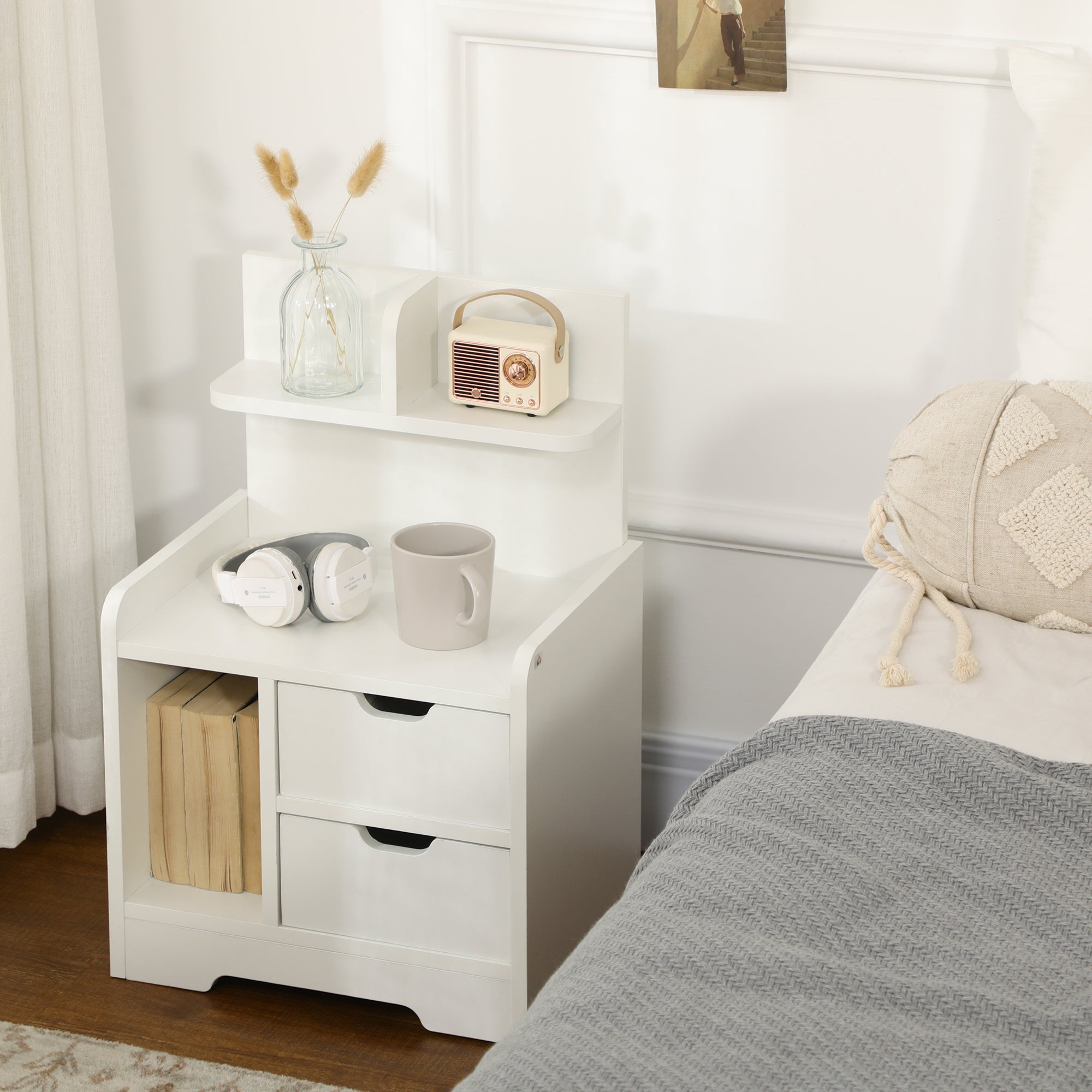 HOMCOM Bedside Table, Small Bedside Cabinet with 2 Drawers and Storage Shelves, Accent Table for Living Room, Bedroom, White 