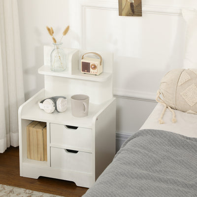 HOMCOM Bedside Table, Small Bedside Cabinet with 2 Drawers and Storage Shelves, Accent Table for Living Room, Bedroom, White 