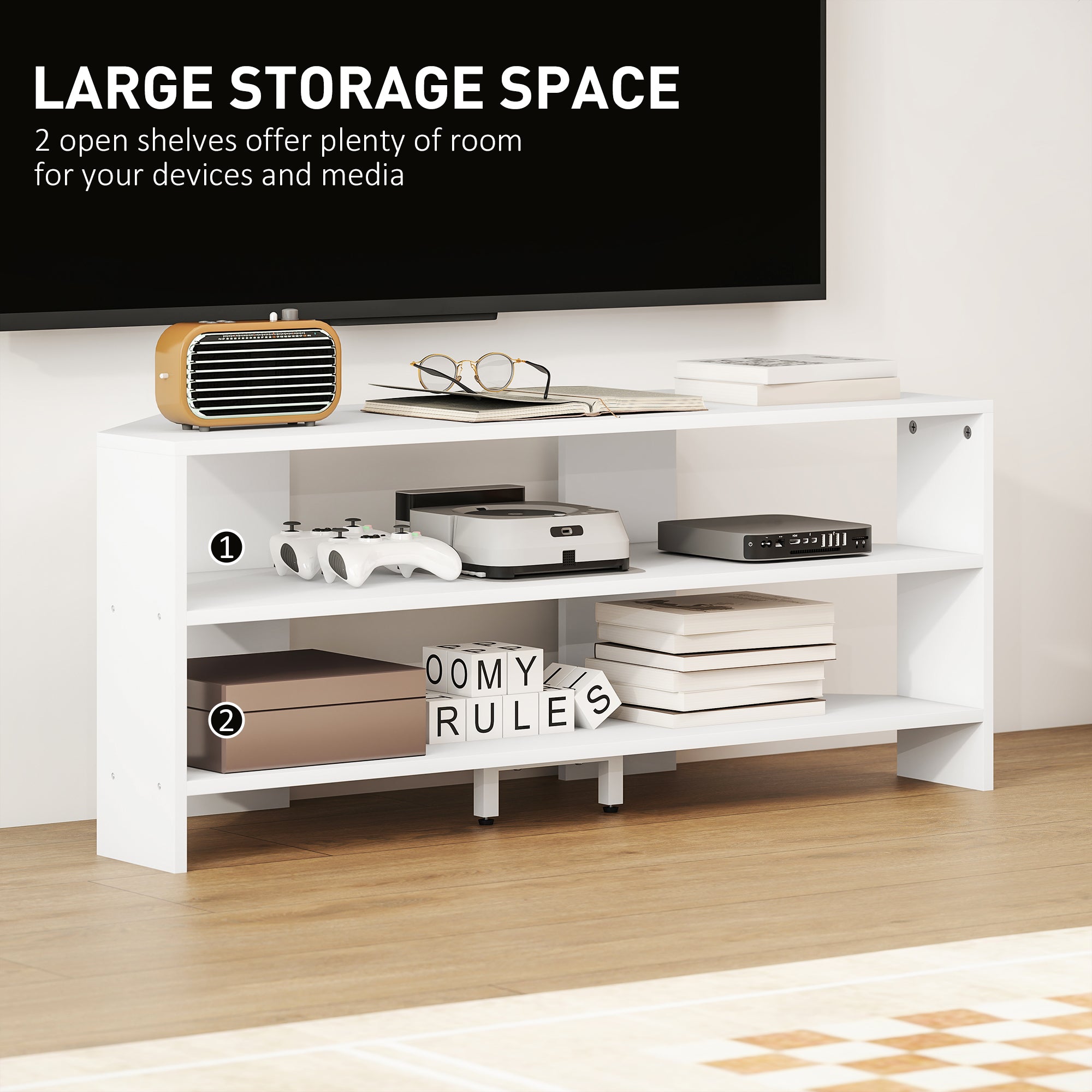 HOMCOM Corner TV Stand with 2 Open Shelves for 47 Inch TV - White