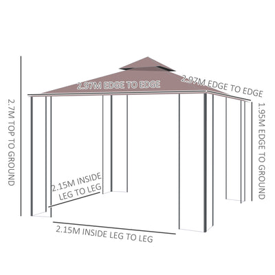 Outsunny 3 x 3(m) Patio Gazebo Canopy Garden Pavilion Tent Shelter with 2 Tier Roof and Mosquito Netting, Steel Frame, Coffee 