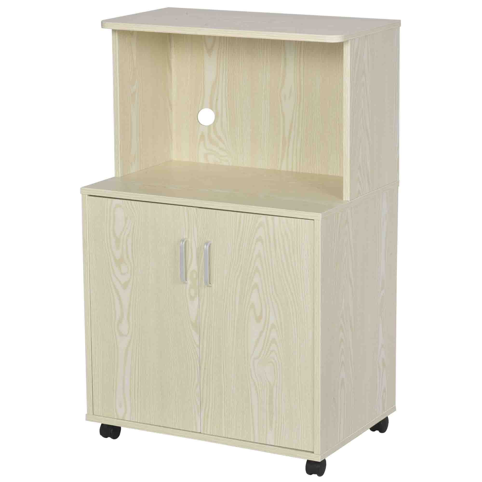 HOMCOM Kitchen Storage Unit, Modern Microwave Stand Trolley Cart, Sideboard with Cabinet,  Locking Wheels, Shelf for Living Room, Dining Room, Oak Tone 