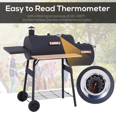 Outsunny Portable Charcoal BBQ Grill, Cold-rolled Steel, Solid Wood, 104H x 124L x53W cm-Black 